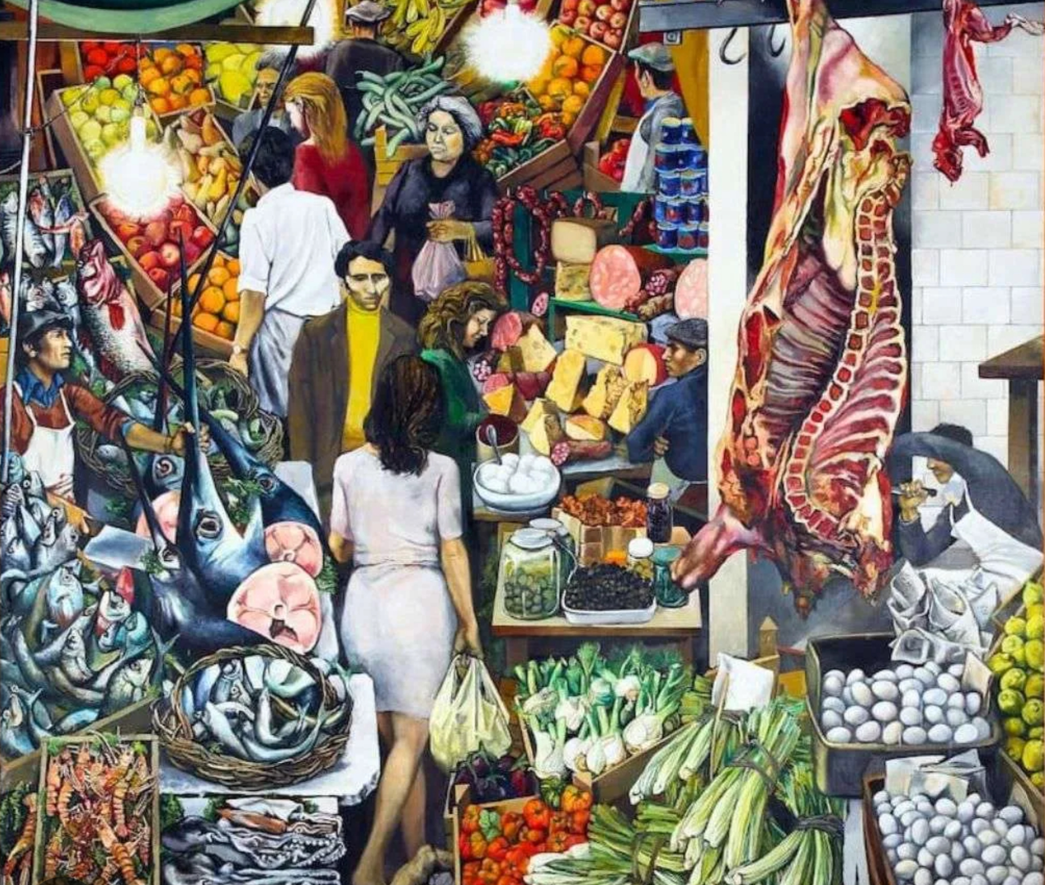 “La Vucciria di Renato Guttuso, iconico dipinto che rappresenta l’anima popolare e viscerale della Sicilia, tra mercati, colori e voci narranti”